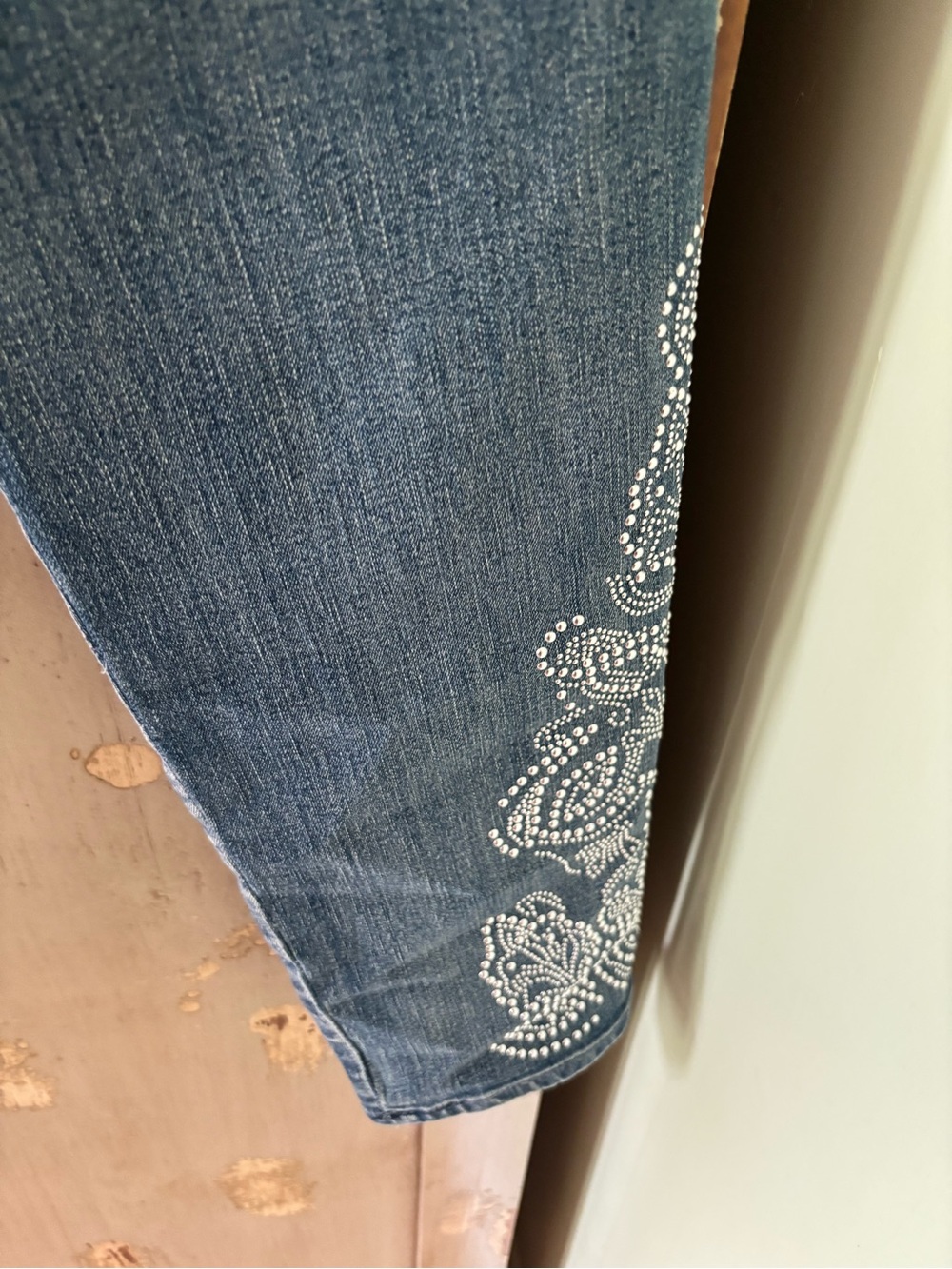 Soft Surroundings Indigo Ankle Jeans with White Embroidered Cuffs - Picture 8 of 10